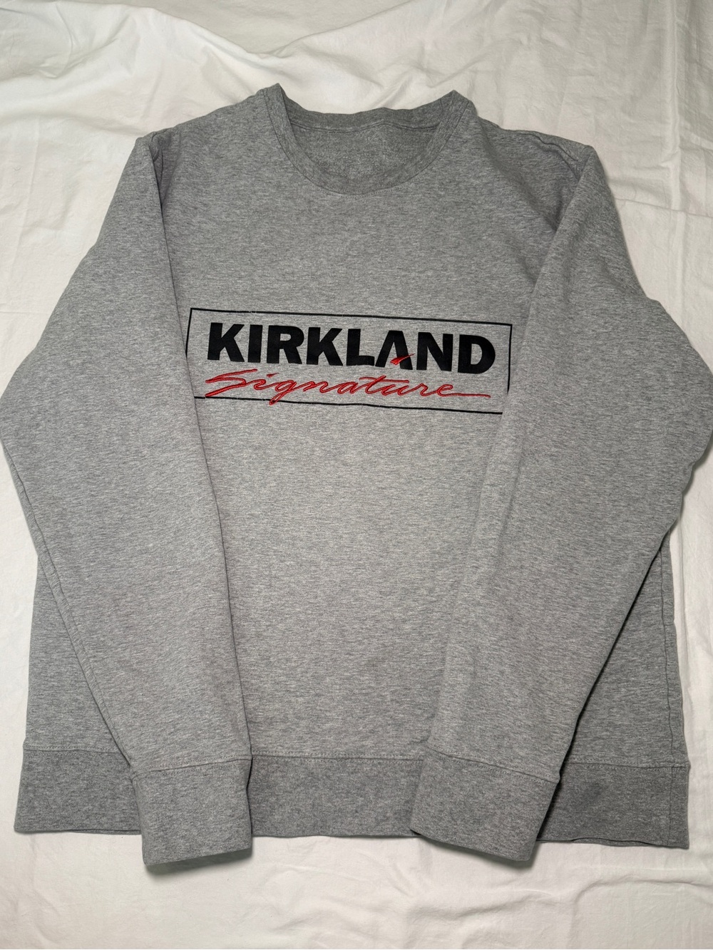 Kirkland Signature Gray Crewneck Sweatshirt with Black & Red Logo